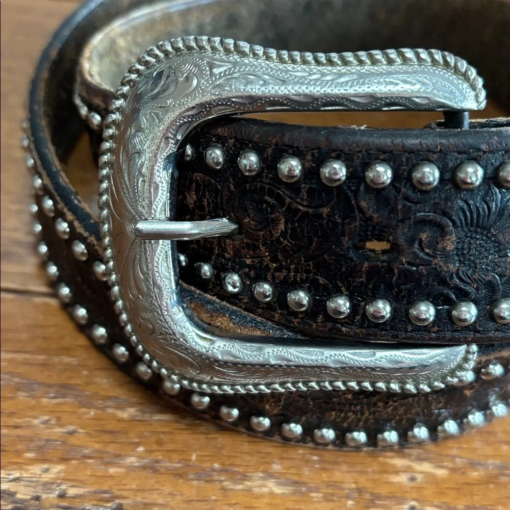 Vintage Brown Leather Tooled Silver Studded Western Belt Men’s Size 38